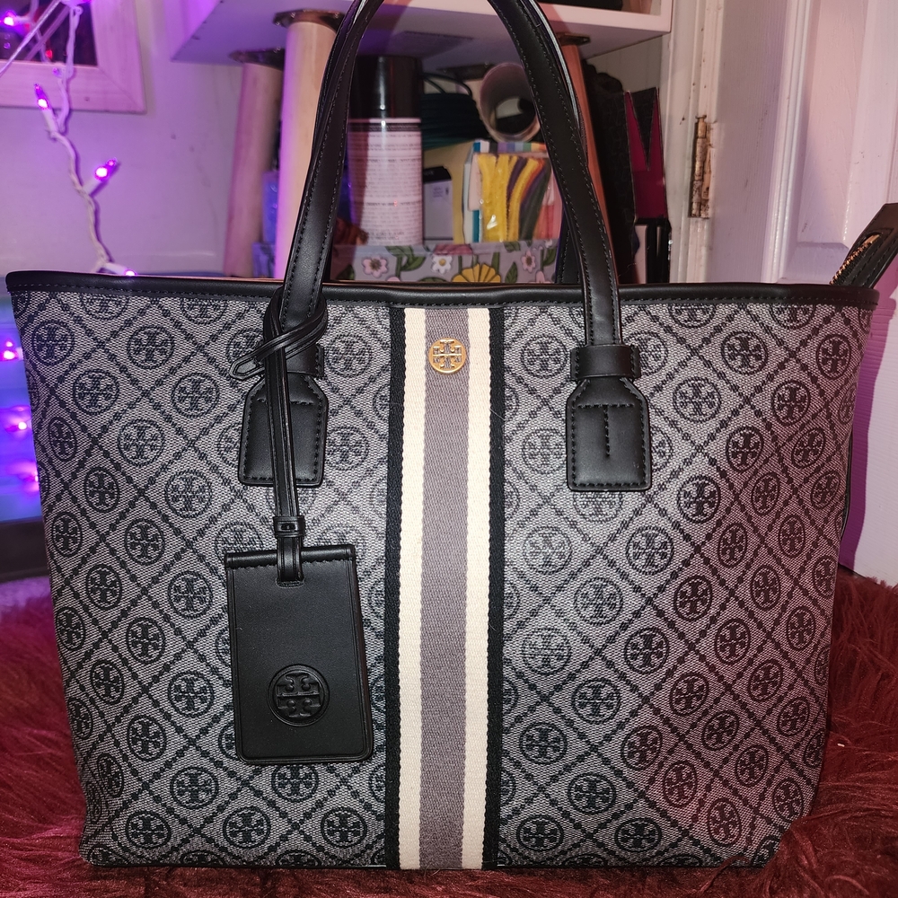 Tory Burch Black and Gray T-monogram Tote
